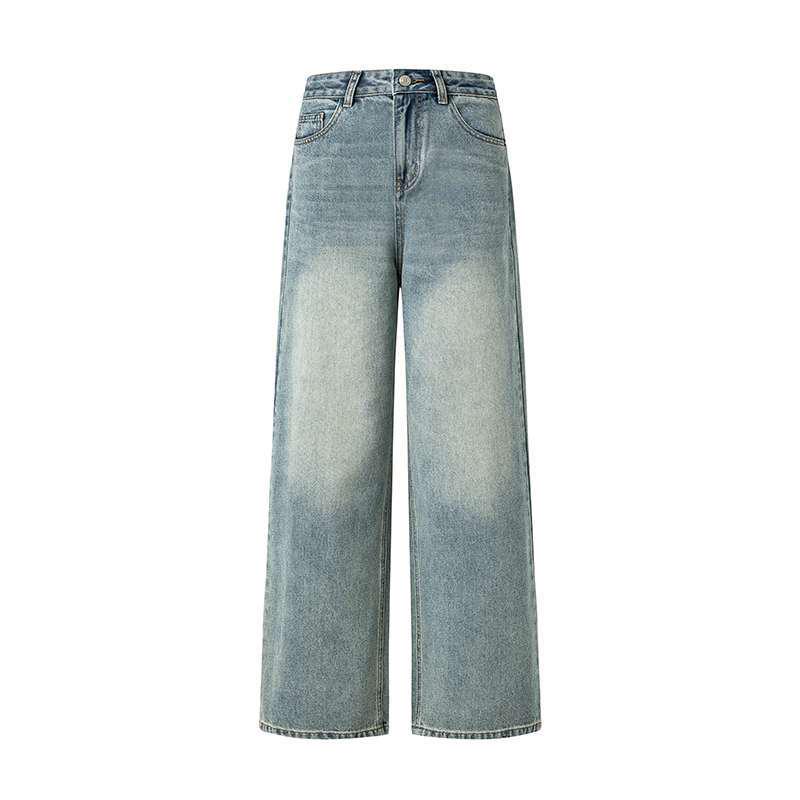 Retro Blue Distressed Denim Wide-Leg Pants for Women