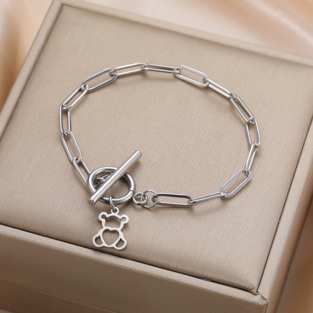 Cute Love Bear Pendant Women's Bracelet Stainless Steel Fashion Simple Romantic Heart Pendant Valentine's Day Jewelry Gift
