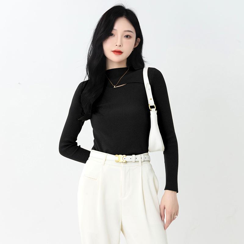 Hollow Out Inner Slim Fit Base Sweater for Women's Autumn and Winter Knitwear Top Semi High Neck Pullover Sweater