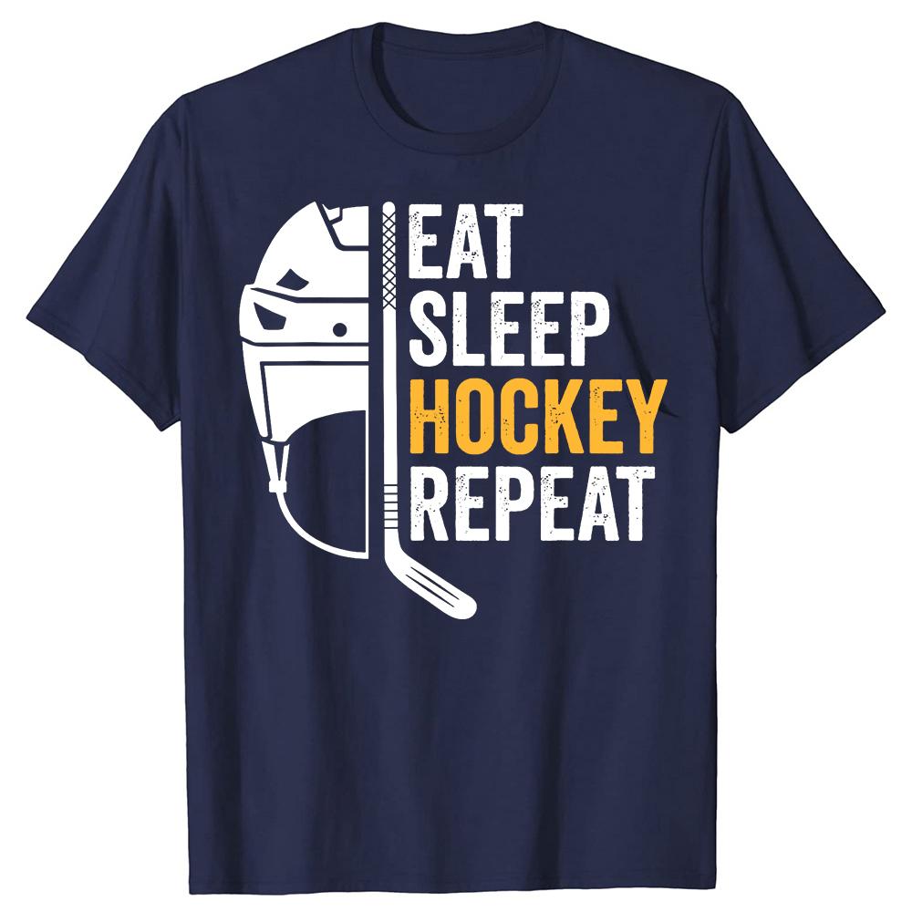 Funny Eat Sleep Hockey Repeat Graphic T-shirts Men Women's Fashion Casual Tshirt 100% Cotton Loose Ice Hockey Retro T Shirt