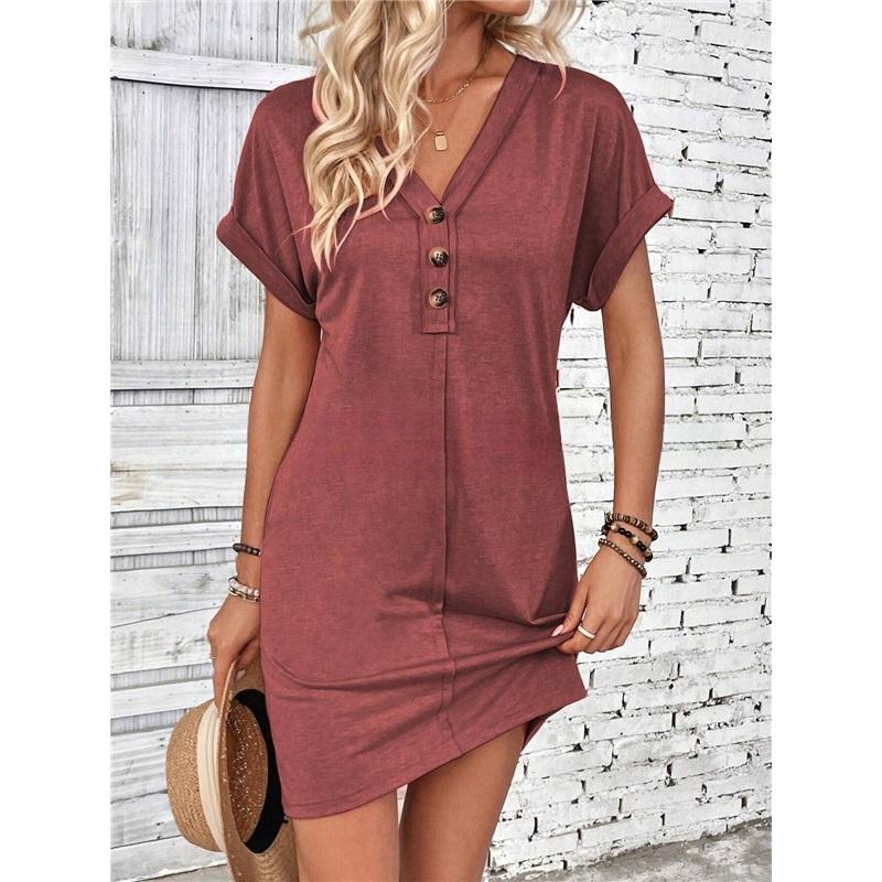 Fashion All-match Buckle V-neck One-shoulder Roll-sleeved Solid Color Dress