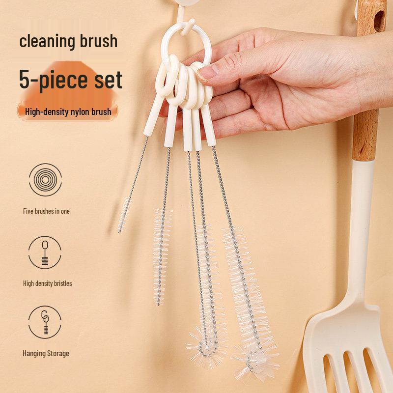 5-in-1 Multi-functional Cleaning Brush Set: Long Handle, Straw, Baby Bottle, Lid Groove & Cup Brush