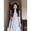 Summer blue sleeveless temperament unique and beautiful waist pinch dress women's summer lace splicing hollow dress
