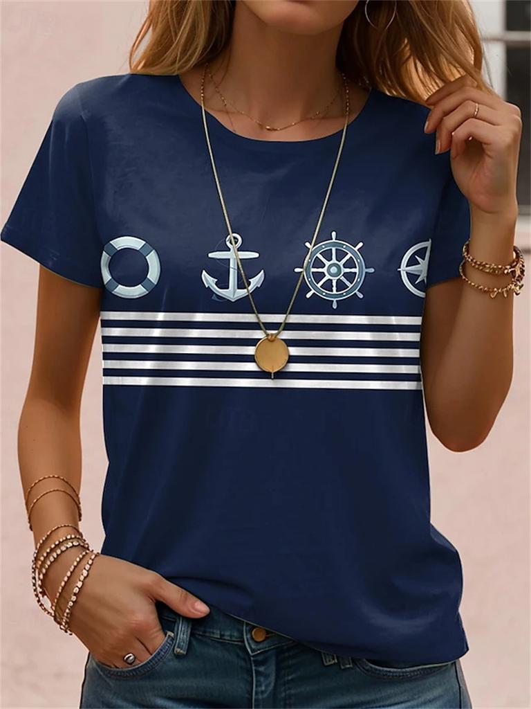 Boat AnchorGraphic T-shirt For Women 2025 New Design Short Sleeve Stripe T Shirts Summer Oversized Fashion Elegant Kids Tees