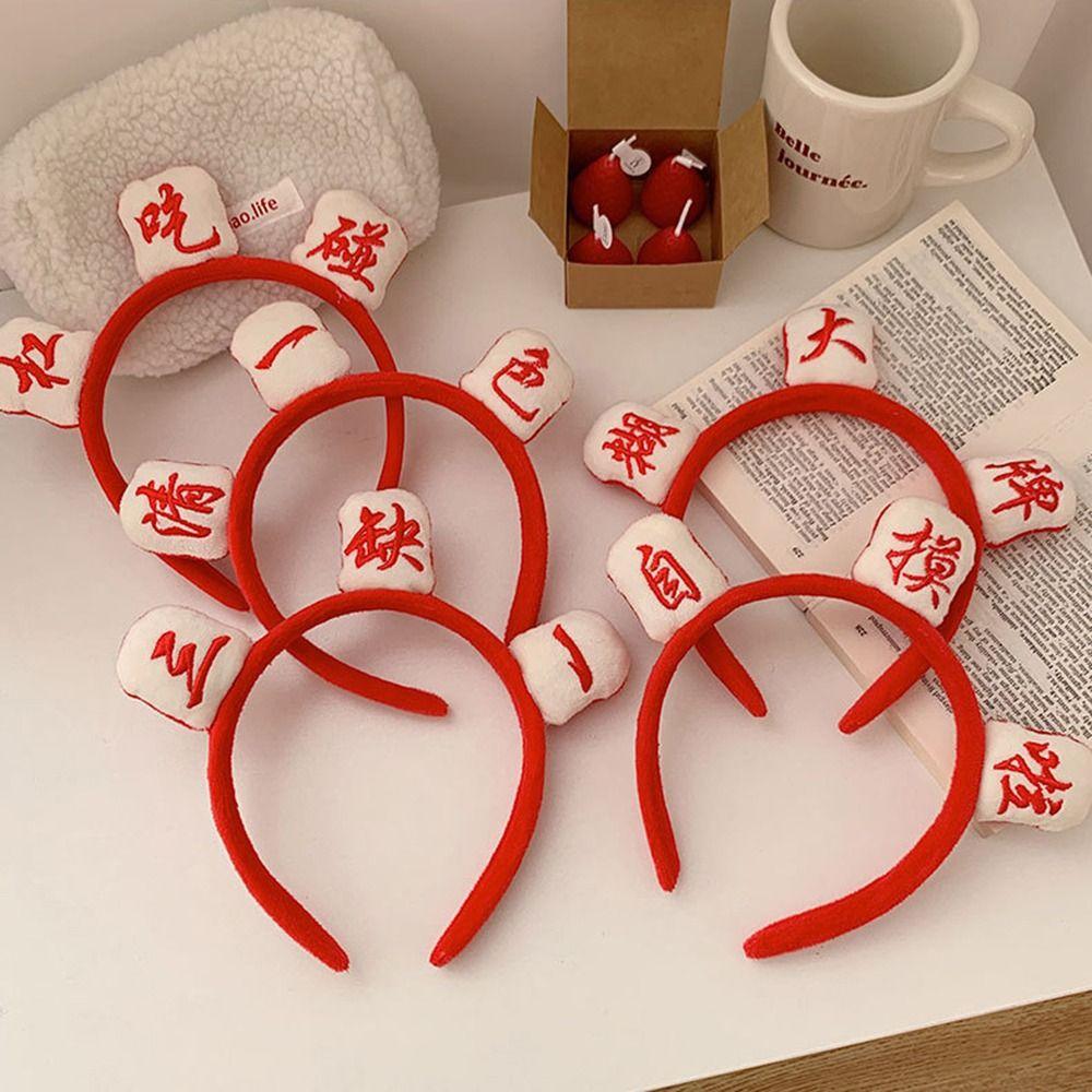 Chinese Characters Happy New Year Plush Hair Hoop Korean Head Wrap Mahjong Headband Women Hairband