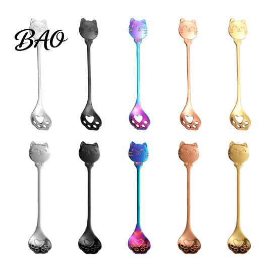 Cat Shaped Handle Spoon Coffee Spoon, Stainless Steel Paw Claw Teaspoon, Embossed Design Multi-Color Electroplated Stirring for Ice Cream Yogurt
