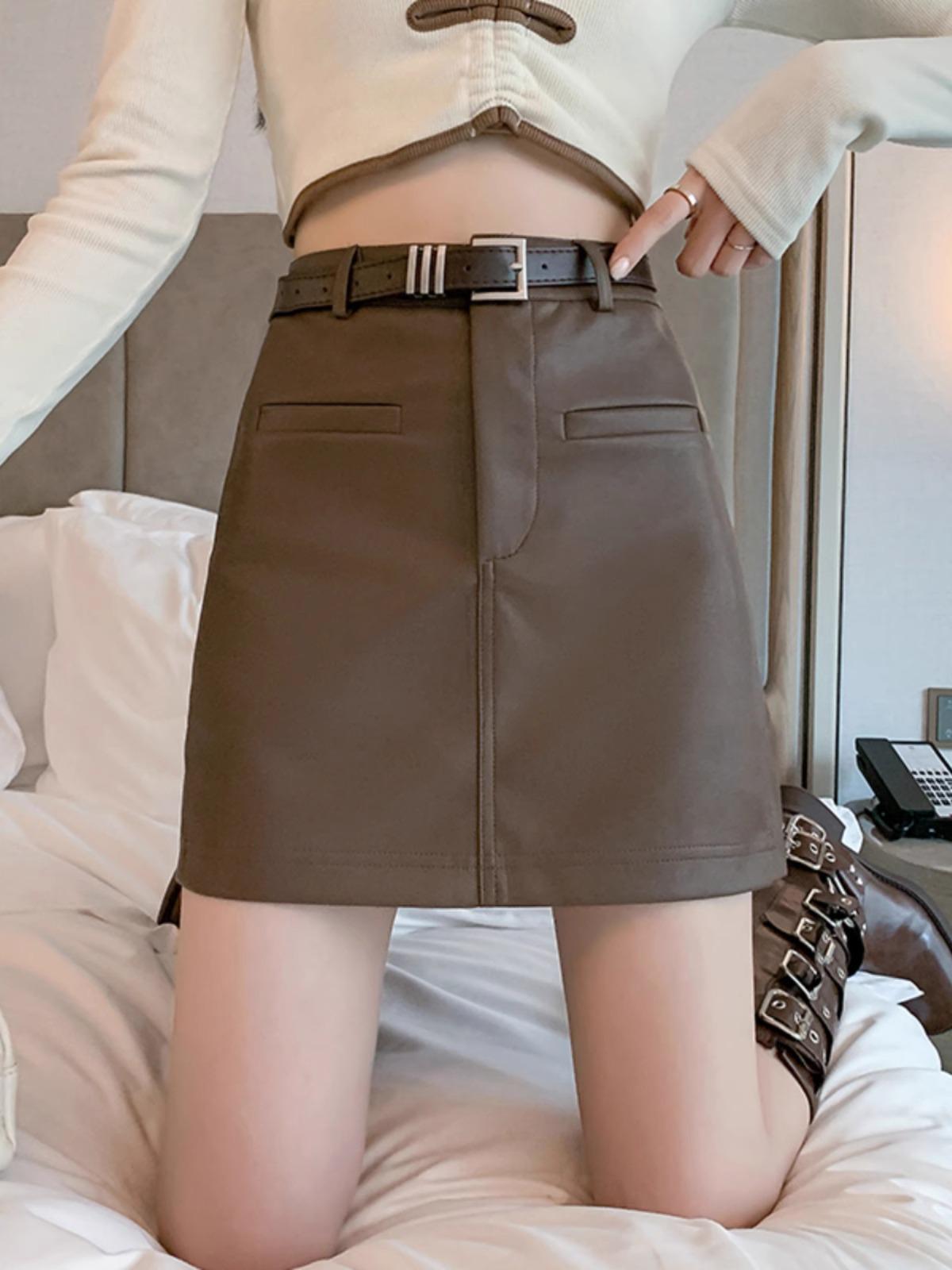 Petite Women s A-Line PU Leather Midi Skirt - High Waist, Hip-Covering, Slimming Bodycon, Sexy Autumn Style L кофейный