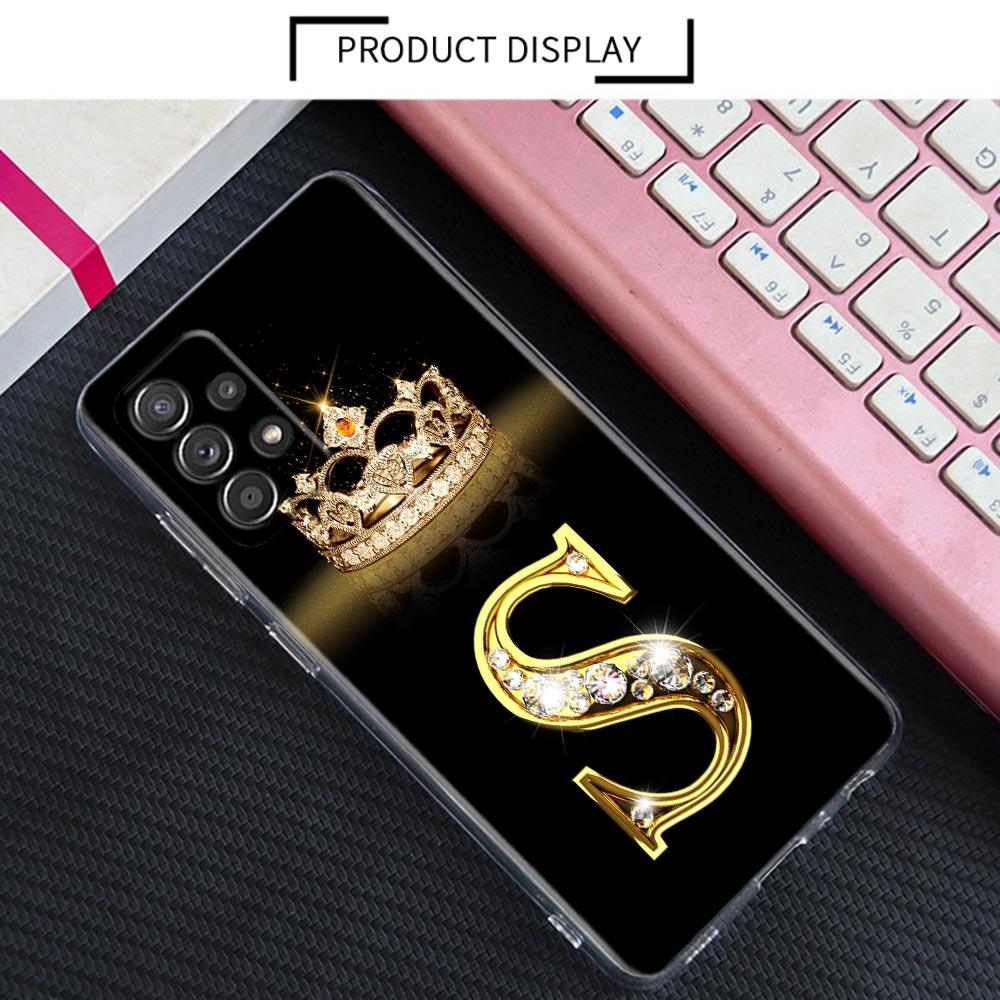Diamond Crown Initials Letter N T Z P Case For Samsung Galaxy A55 A35 A06 A52 5G A53 A72 A53 A15 A51 A33 A32 A41 A23 Phone Cover