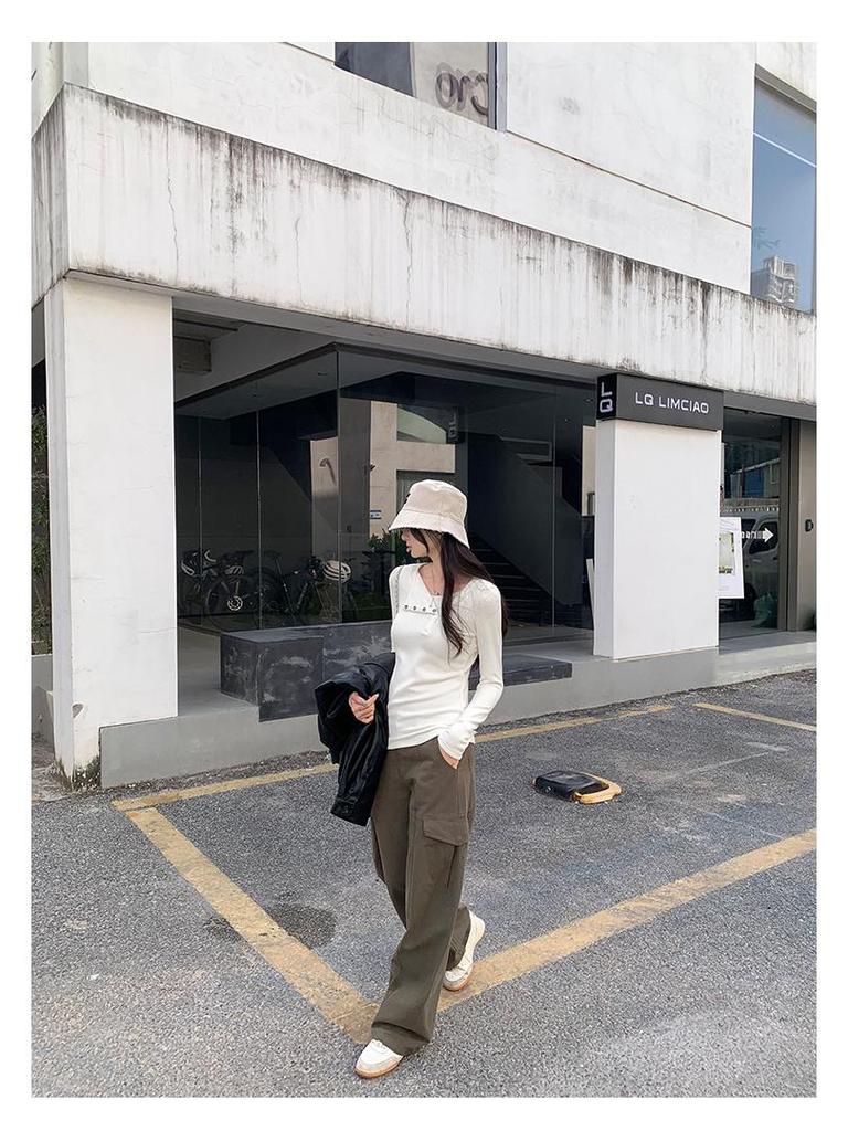 Women's Long-Sleeve Off-Shoulder Button-Up Base Layer Top - Stylish Autumn/Winter 2026 Arrival