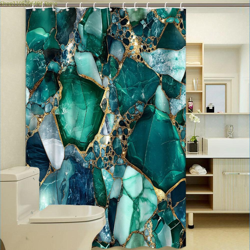 1pc Luxe Green and Teal Gemstone Shower Curtain - Abstract Emerald & Aquamarine Mosaic Design with Golden Cracked Background,