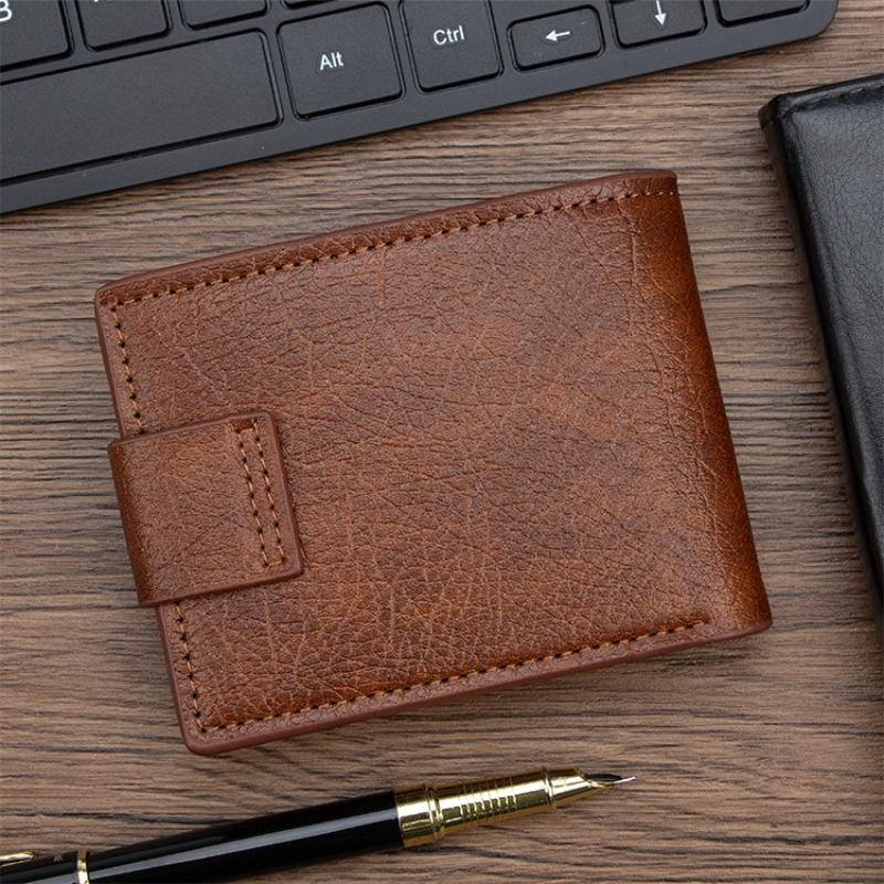 Men Leather Wallet RFID Blocking Bifold Short Wallet Card Holder Coin Pocket Button Closure Vintage Patchwork Purse
