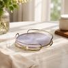 Glass Tray with Metal Frame Tone Round Handles Decorative for Home Stylists, Hosts, Coffee
