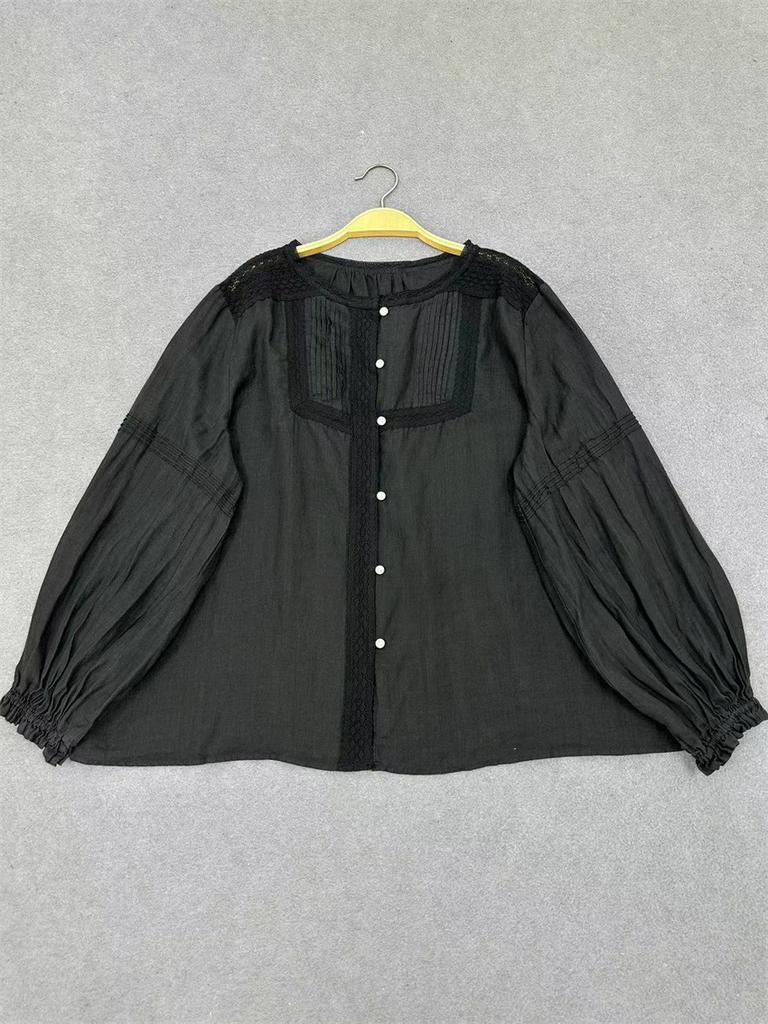 Johnature Japanese Lace Panelled Pleated Tops Summer Loose Along-sleeved Shirt Lace Balloon Sleeve Tops