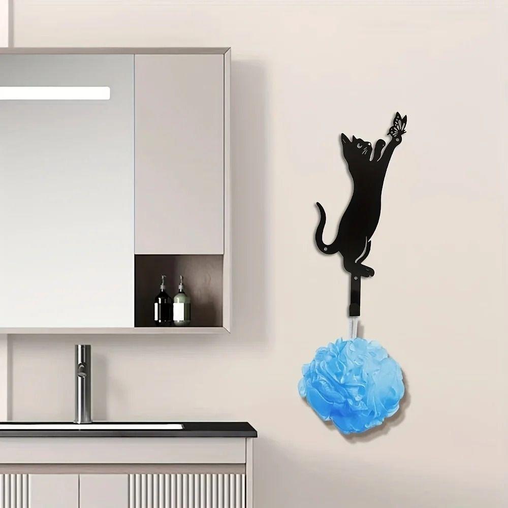 Wall Mounted Cat Key Coat Hooks Black 2 Pieces Metal Home Decor Gift