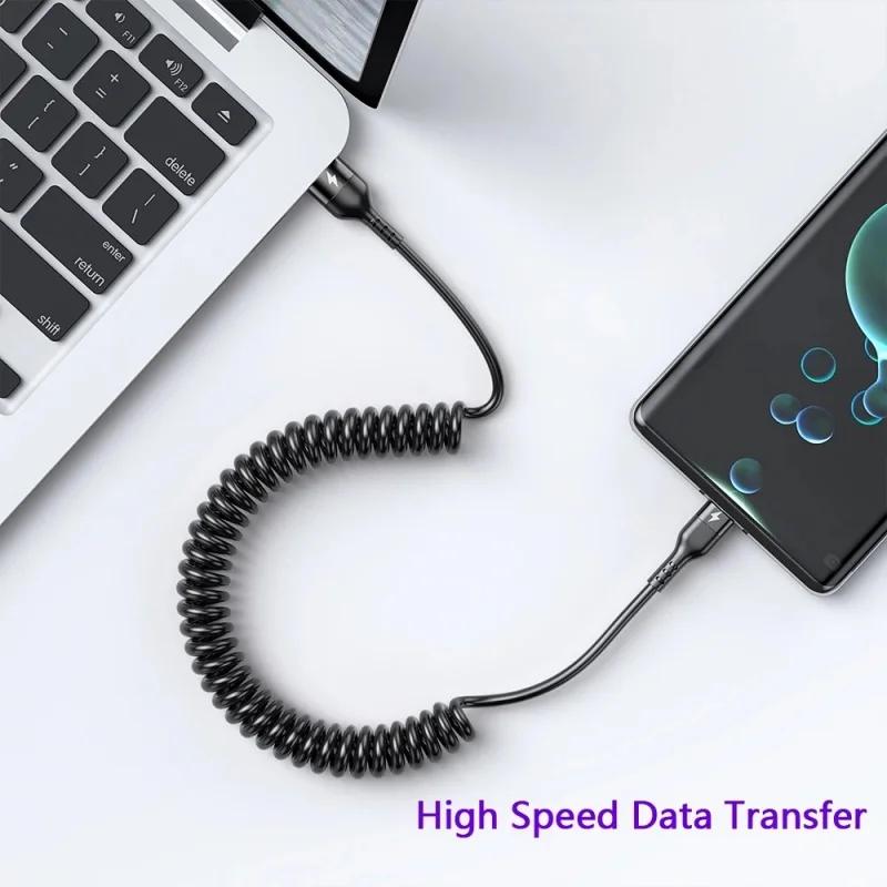 Car USB Type C 66W & LIGHTNING PD Fast Charging Type C To Type C Spring Telescopic Cable For Tablet Electronic Smart Device