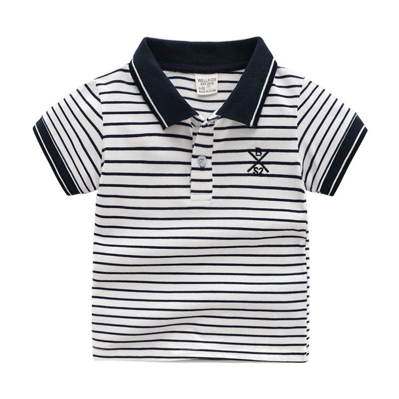 Summer Kidsren's Stripesd Lapel Casual Short-Sleeved T-Shirt Korean Style Kidsren's Polo Shirt Baby Embroidered Letter Top