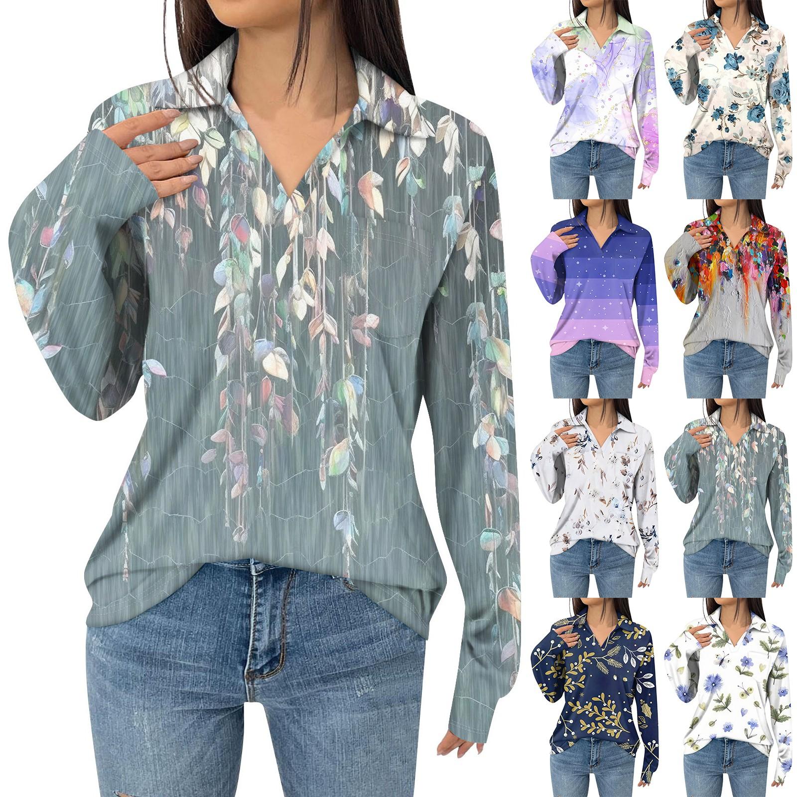 

Рубашки с длинным рукавом для женщин Блузки с V-образным вырезом Деловые повседневные топы Осенняя мода Футболка с принтом Топ L хаки