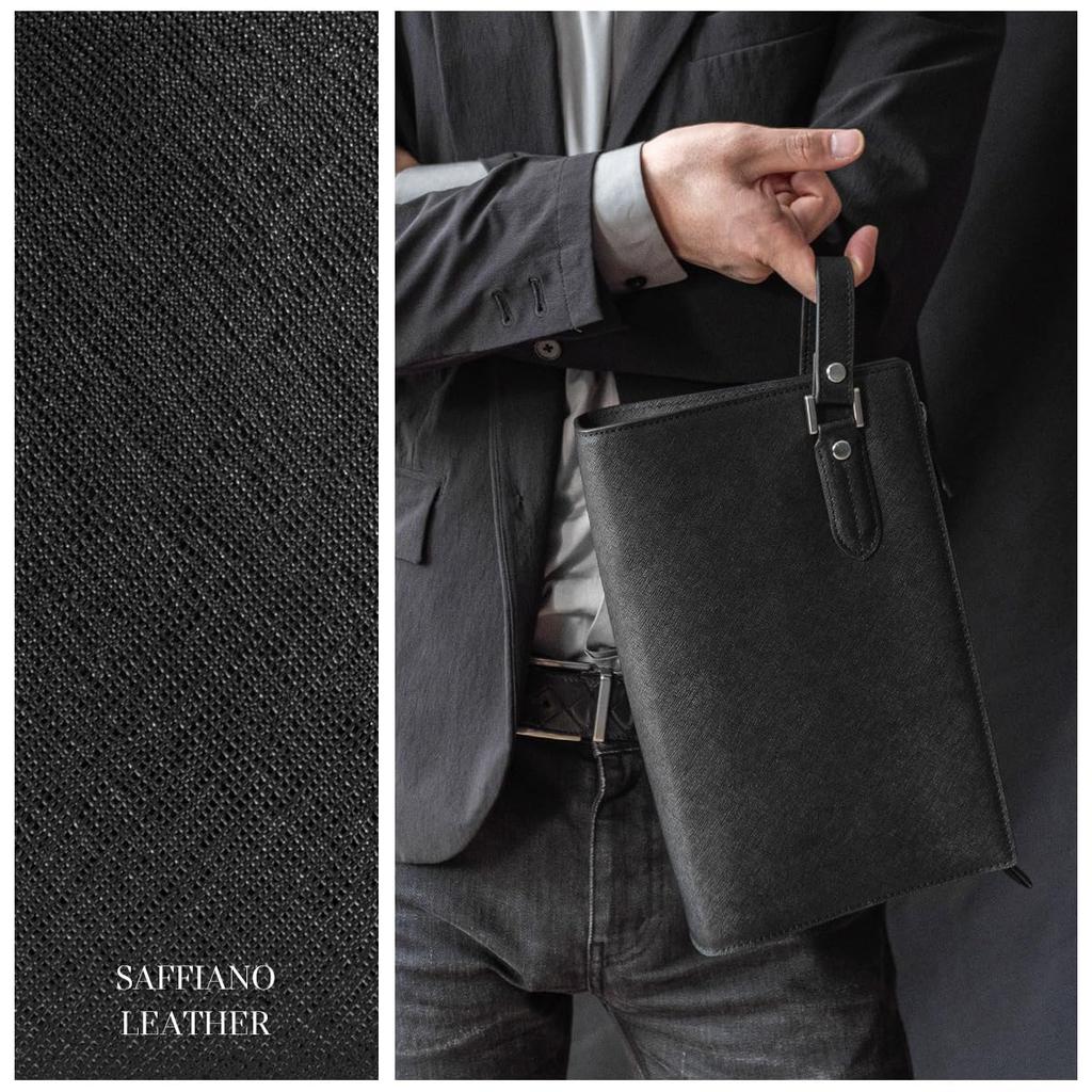 [Dom Teporna] Men's Second Bag, Wide Opening Clutch Bag, YKK Zipper, Business, Formal Occasions, Handbag, Cowhide Leather, Saffiano Leather, Black