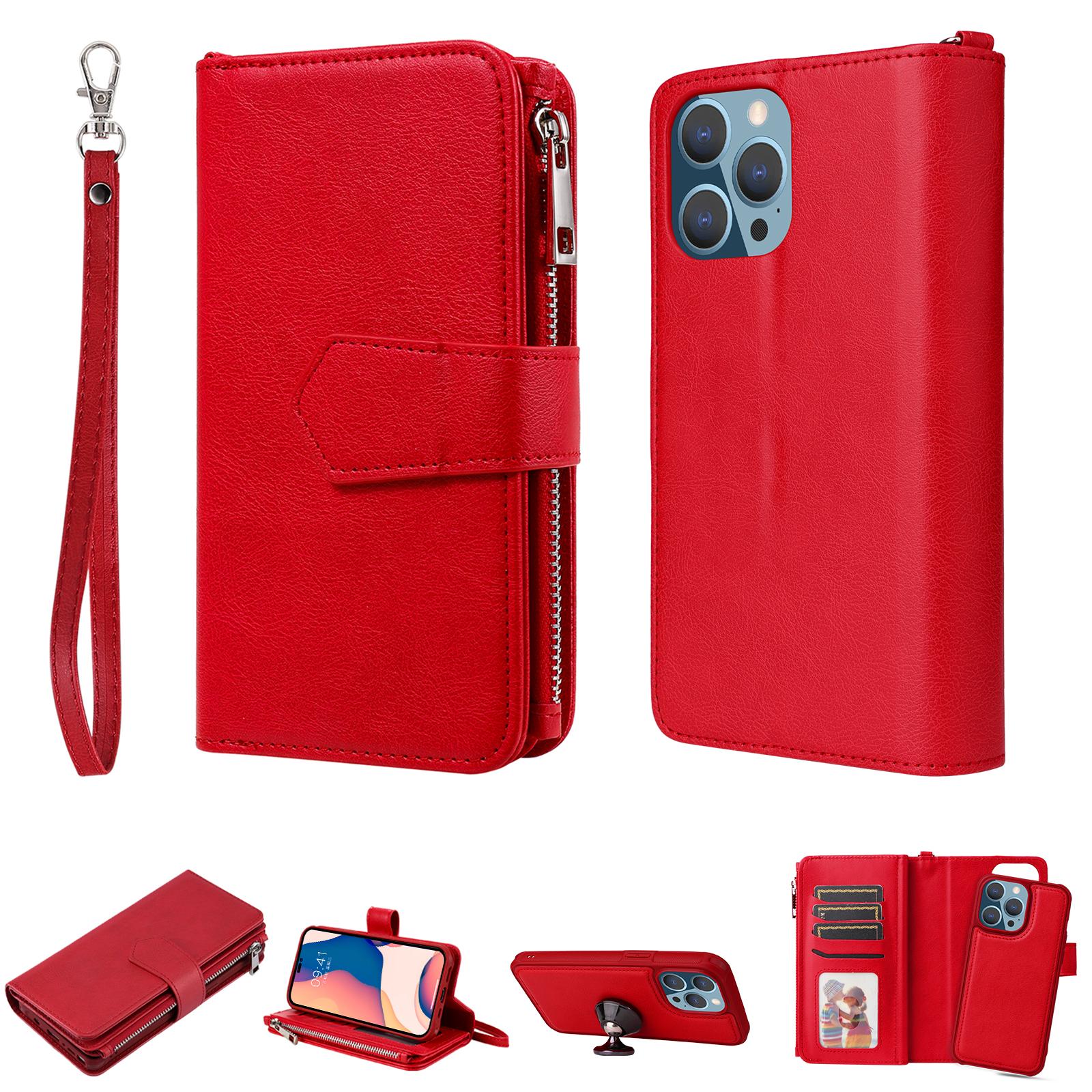 

2 в 1 кожаный съемный флип-кошелек на магнитной молнии для iPhone 15 14 Plus 13 12 11 Pro Max XS Max для Samsung S23 S22 S21 S20 Ultra Plus A14 A54 iPhone 15 Plus красный