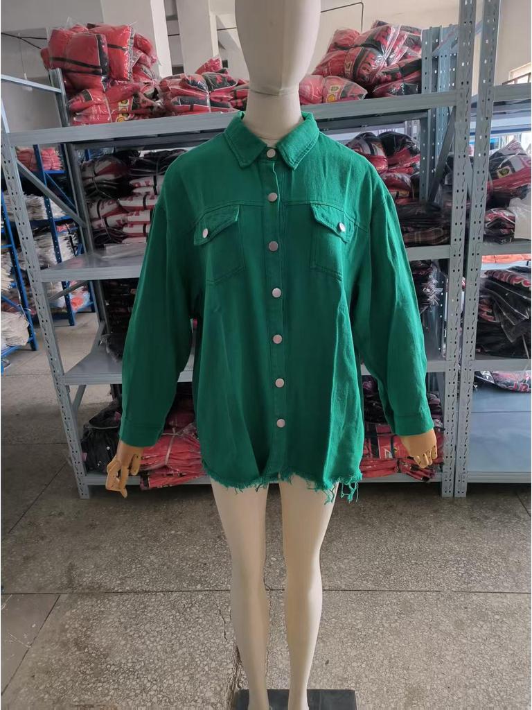 Women's Frayed Hem Denim Shirt Jacket - European & American Street Style for Autumn/Winter.