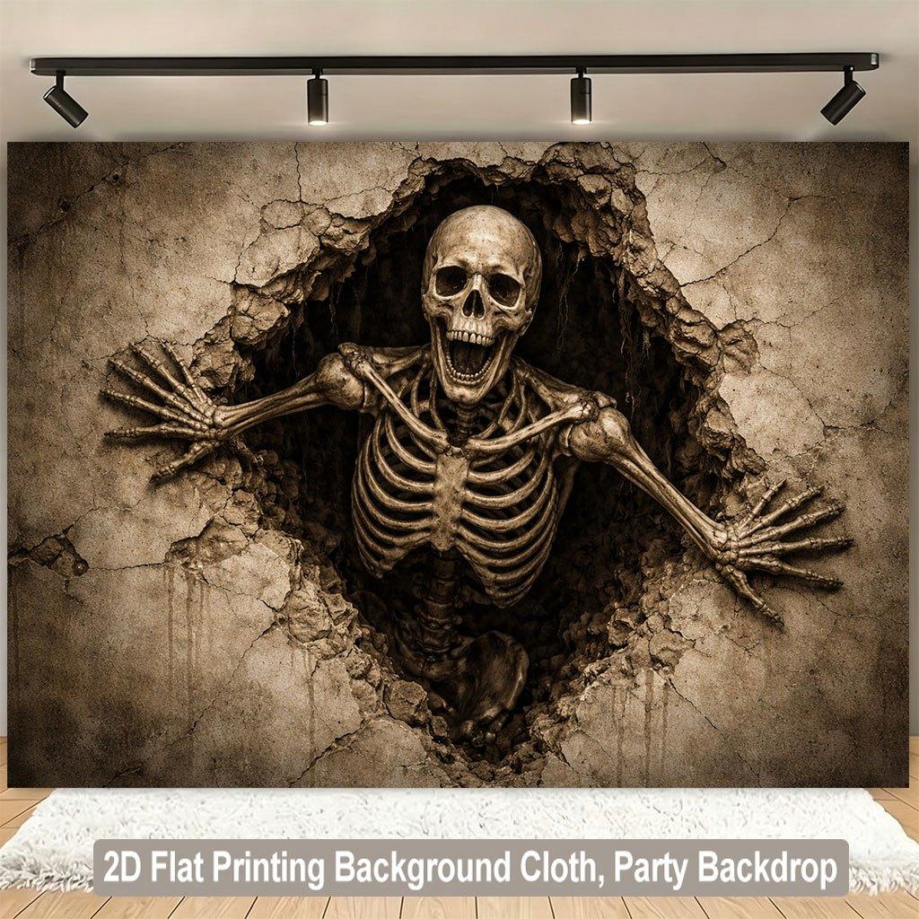 1 piece of 2D flat background fabric, a background fabric featuring a protruding skeleton figure, and an indoor background