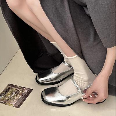 Women Square Toe Chunky Heel Shoes Women Autumn Silver Buckle Strap Mid Heels Mary Jane Shoes Ladies Dress Office Shallow Shoes