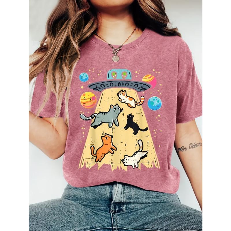 

Women s Summer UFO Abducting Cute Cat Print Crew Neck Short Sleeve T-shirt XL