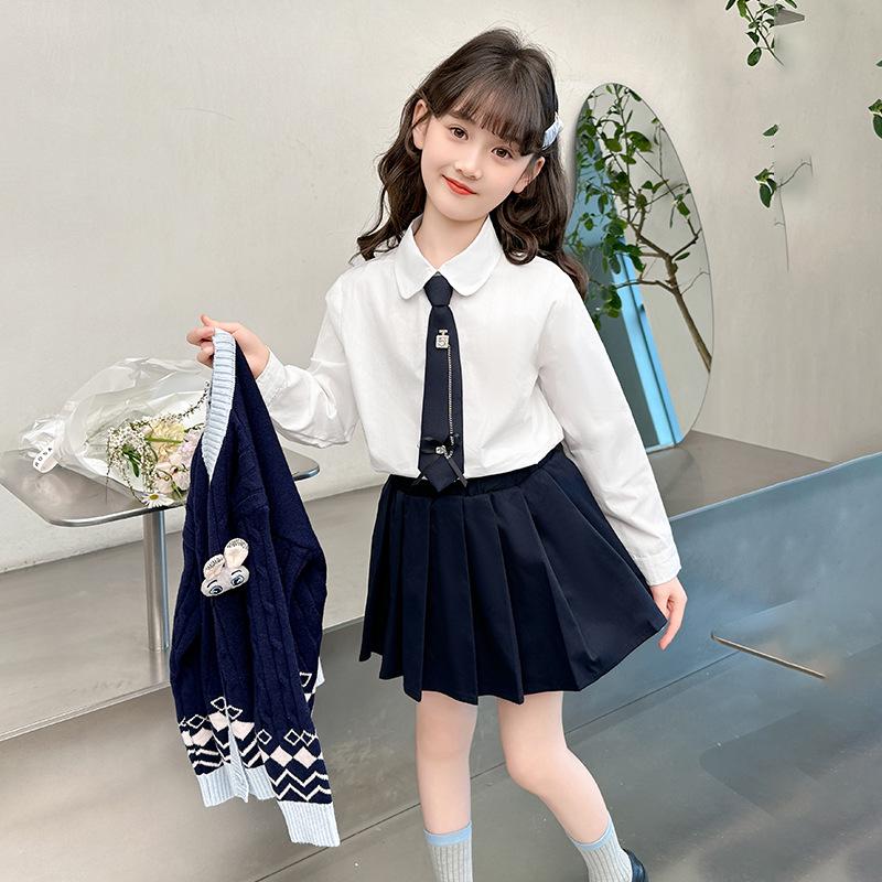 Girls' College Style Three-Piece JK Uniform Set: Pleated Skirt, Cardigan Sweater, and Bunny Officer Accent
