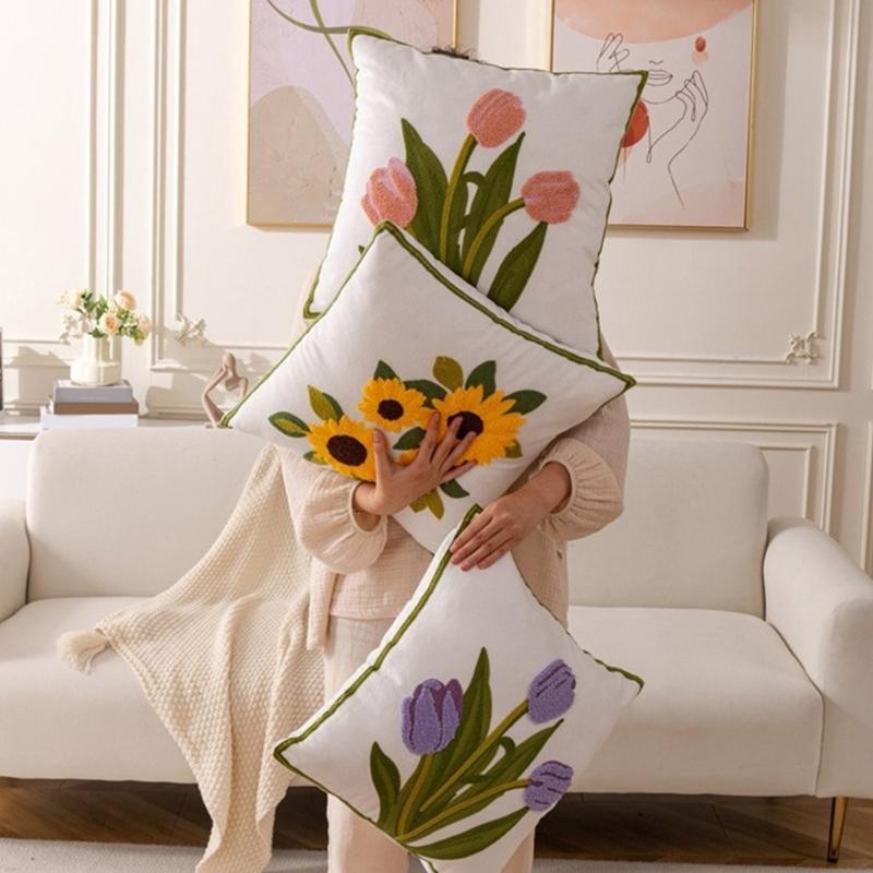 Pillowcase Floral Embroidery Cushion Case Features Vibrant Flower Patterns For Living Room Or Bedroom Decoration