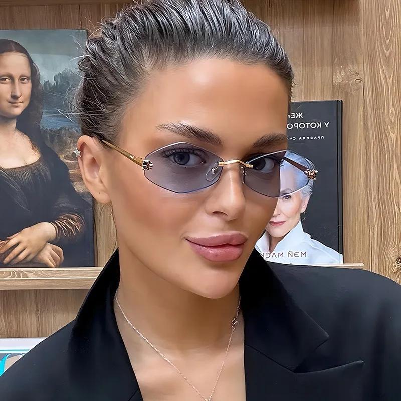 Personalized Diamond Shaped Leopard Sunglasses Frameless Cut Edge Uv400 Small Frame Personalized Sunglasses