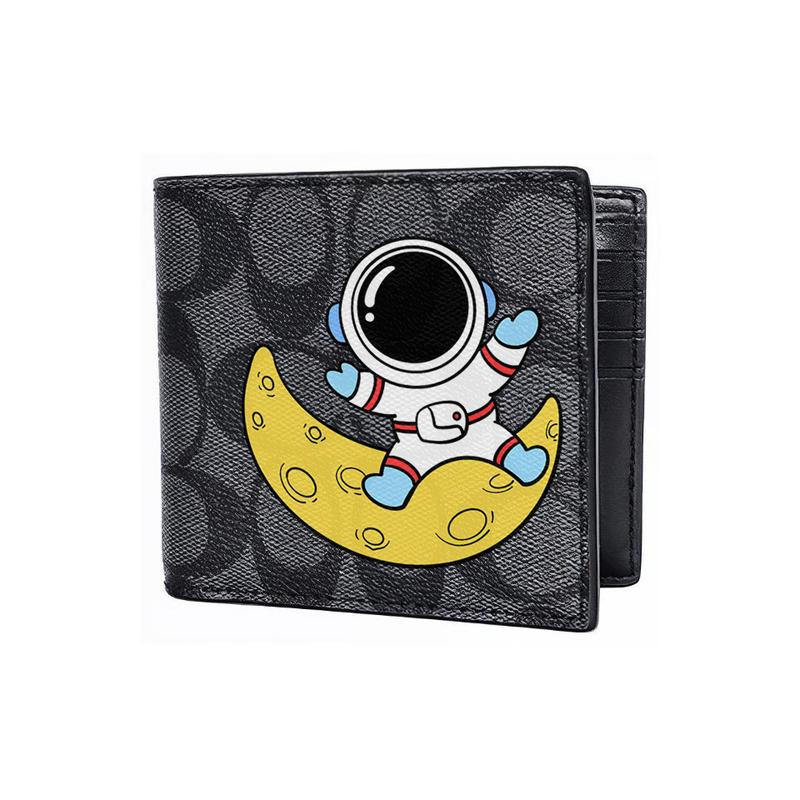 COACH wallet [Customized bag] 3 IN 1 Hand-painted personalized graffiti Embossed printed short folding belt Black (astronaut on the moon)