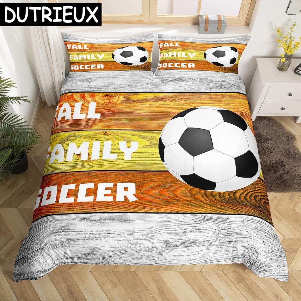 Soccer Duvet Cover Set King Queen Full Size Football Pattern Polyester Comforter Cover For Boys Teens Soccer Lover Bedding Set