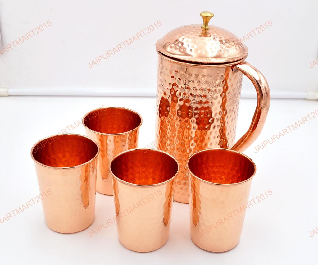 Handcrafted 1.5L Copper Water Jug with 4 Matching 250ml Glasses – Ayurvedic Health Benefits, Elegant Hammered Design