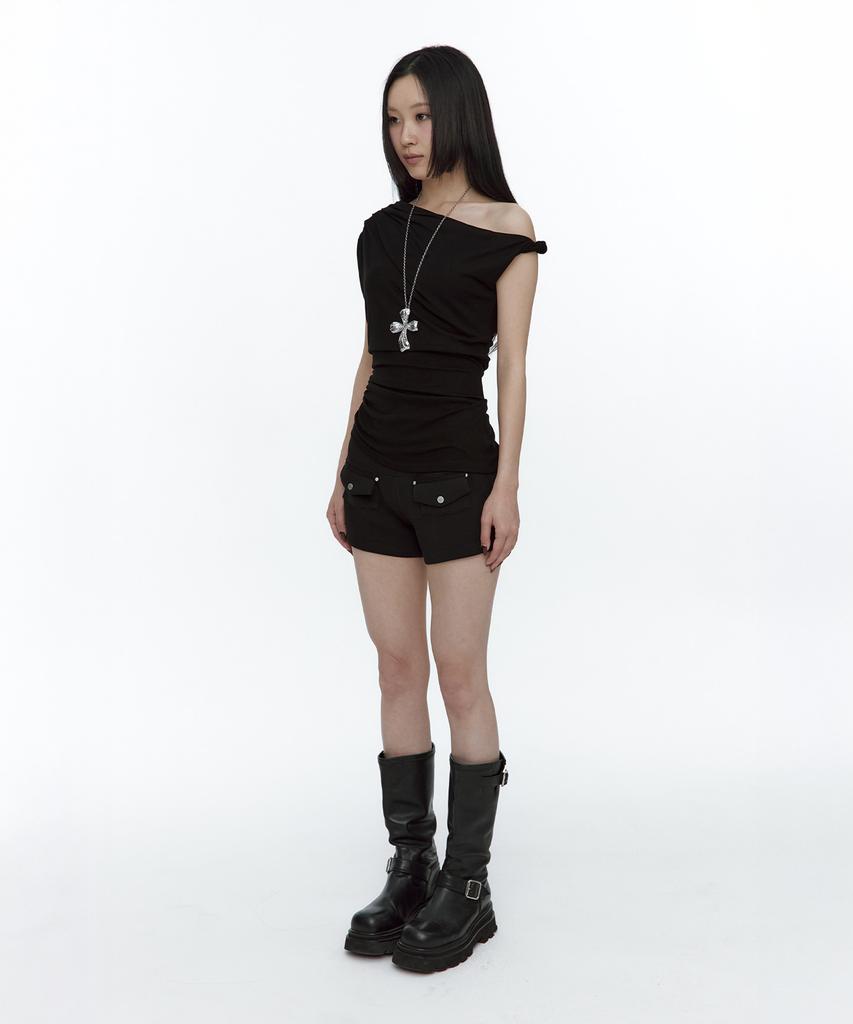 ROUGHNECK Twist Strap Shirring Top Black