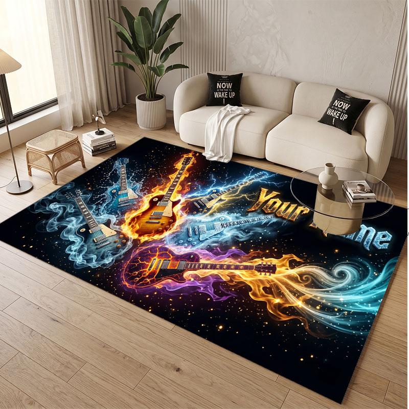 Music Guitar Theme Soft Crystal Velvet Rug Custom Name & Text Print Non Slip Floor Rug for Bedroom Living Room