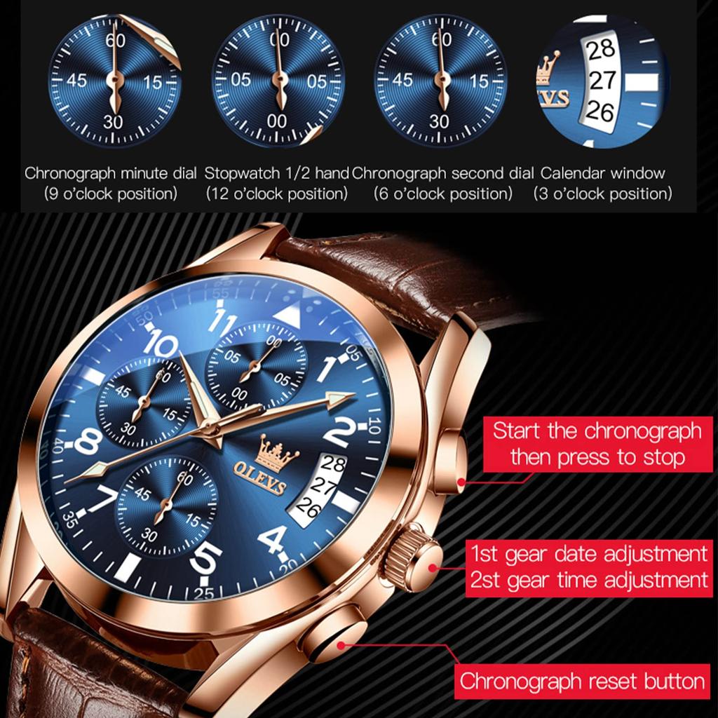 OLEVS Business Popular Leather Quartz Movement with Date Luminous Fashionable Analog Wristwatch with Blue Cool Casual Arabic Stylish Sports Watch