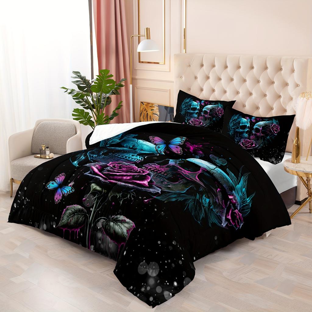 3Pcs Skull Bedding Set Goth Bedding Sets Comforter Skull Comforter Set Rose Comforter Halloween Skull Bed Comforter Cover