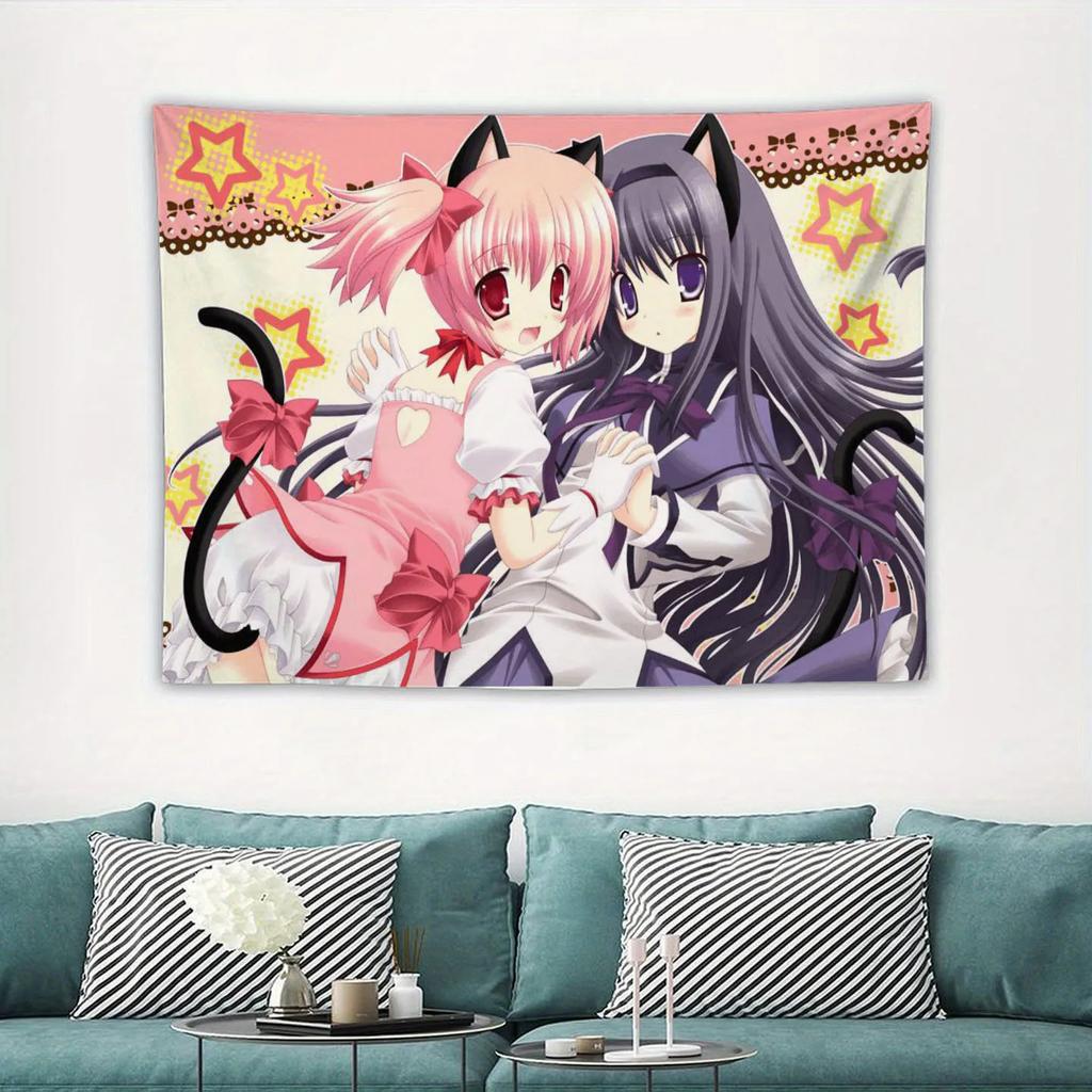 Madoka Magica Sweet Tapestry Single Sided 2DPrint Polyester Wall Hanging for Bedroom Living Room Cute Anime for Puella Magi Fans