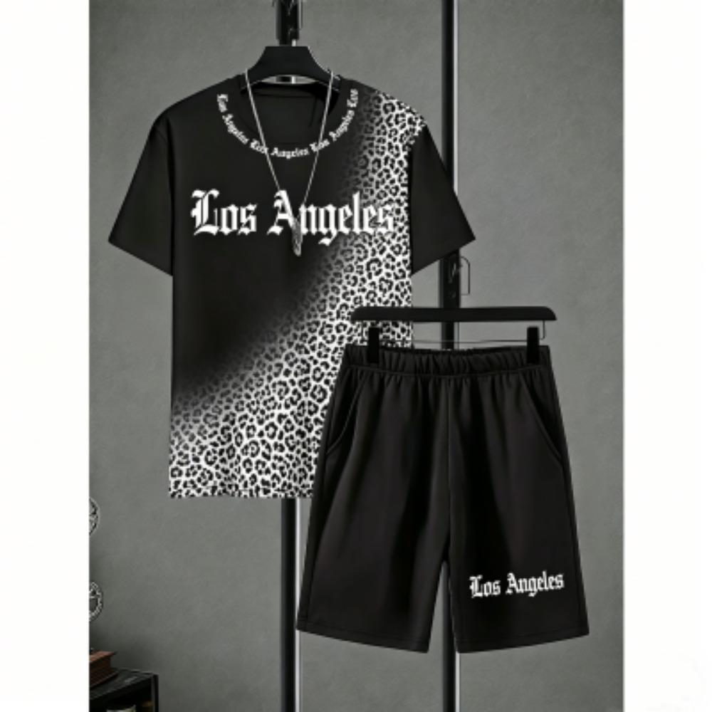 Men's Set Letter Leopard Colorful Printed Men's T-shirt and Shorts 2 Piece Set Summer Casual Outdoor Plus Size Men's and Women's T-shirt Sets
