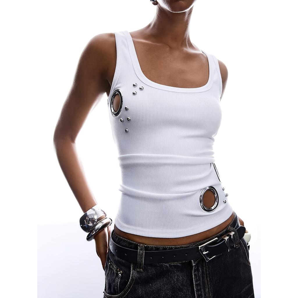 Women Sleeveless Tank Top Pullover Ribbed Knit Casual Summer Vest with Metal Ring Studded Detail Slim Fit