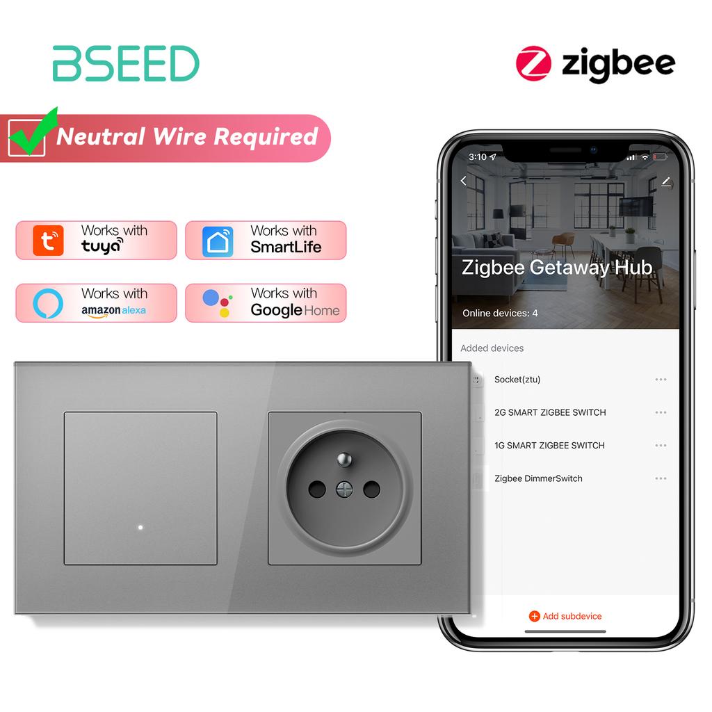 BSEED Zigbee 1/2/3/4Gang Smart Mechanical Button Switches Tuya Alexa Control Plus Normal French Power Socket Plug Glass Panels