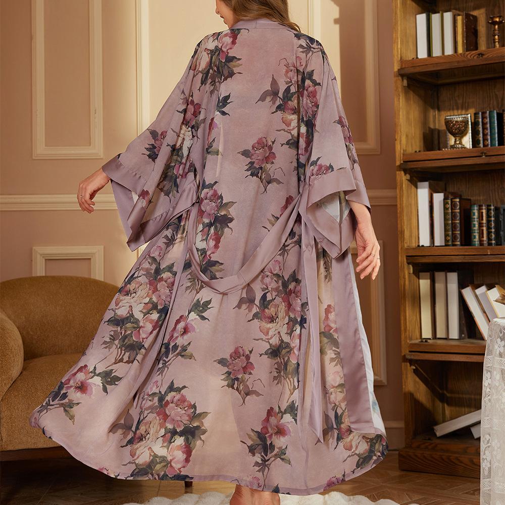 Print Satin Women Long Robe Retro Sleepwear Seven Quarter Sleeve Kimono Bathrobe Loose Home Wear