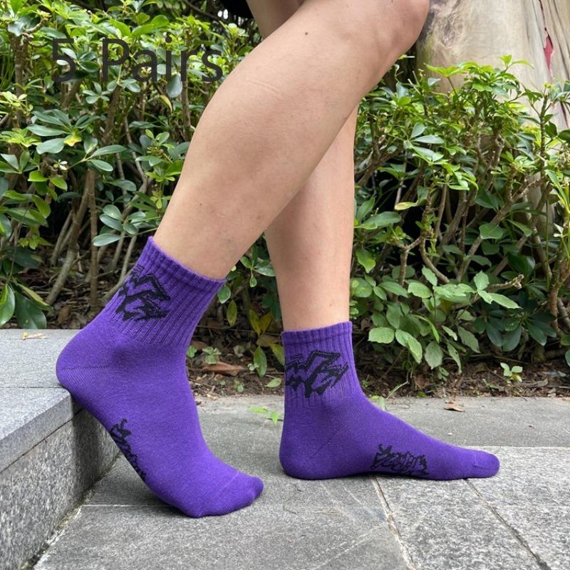 

5 пар весенних и летних носков Tide, спортивные носки для скейтбординга, хлопковые носки до середины икры, короткие носки для мужчин и женщин с надписями, носки для баскетбола 5 pairs фиолетовый