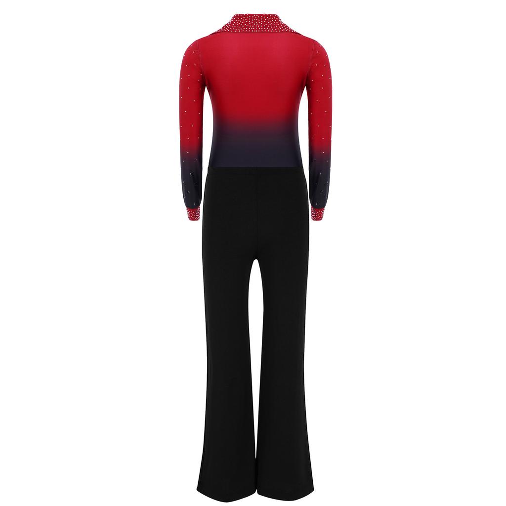 Conjunto de Leotard de Dança Brilhante com Strass, Gola Reversível, Manga Longa e Calça com Cós Elástico para Meninos