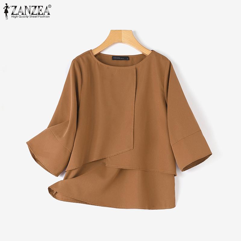 ZANZEA Top Casual da Donna a Girocollo a Doppio Strato a Manica Corta Solido Largo