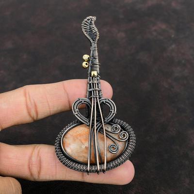 Güneş Taşı Kolye Bakır Tel Sarılmış Kolye Gitar Kolye Tel Sarılmış Mücevher Hediyesi Bakır Tasarımcı Mücevher El Yapımı Değerli Taş Kolye