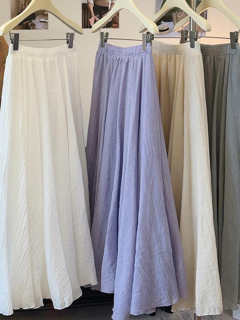 Spring New Gentle Style Ice Silk Cotton Linen A-line Pleated Long Skirt - Women’s High Waist Slimming Drape with Large Hem.