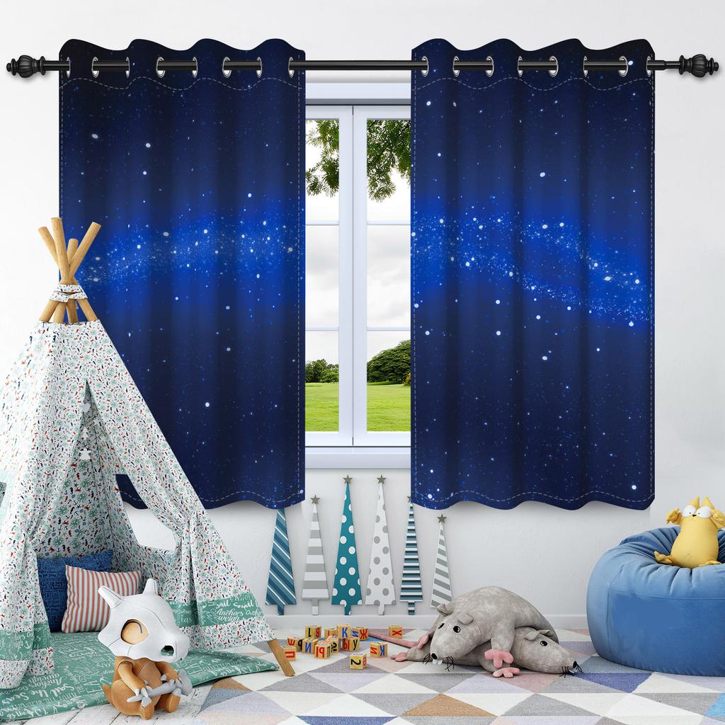 Night Starry Sky Moon Stars Milky Way Blackout Curtains Children'S Bedroom Heat Insulation Noise Reduction Window Drapes 2Pcs