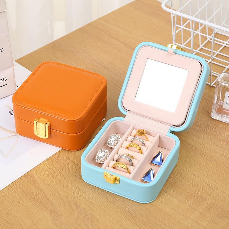 Compact PU Jewelry Box With Mirror Lid Mini Ring Earring Organizer Gift Case Modern Minimalist Style