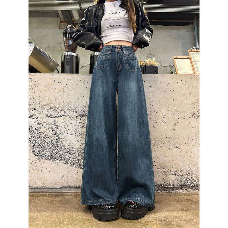 Women s Retro Blue High-Waisted Wide-Leg Jeans with Velvet, Winter 2025 Collection. 2XL